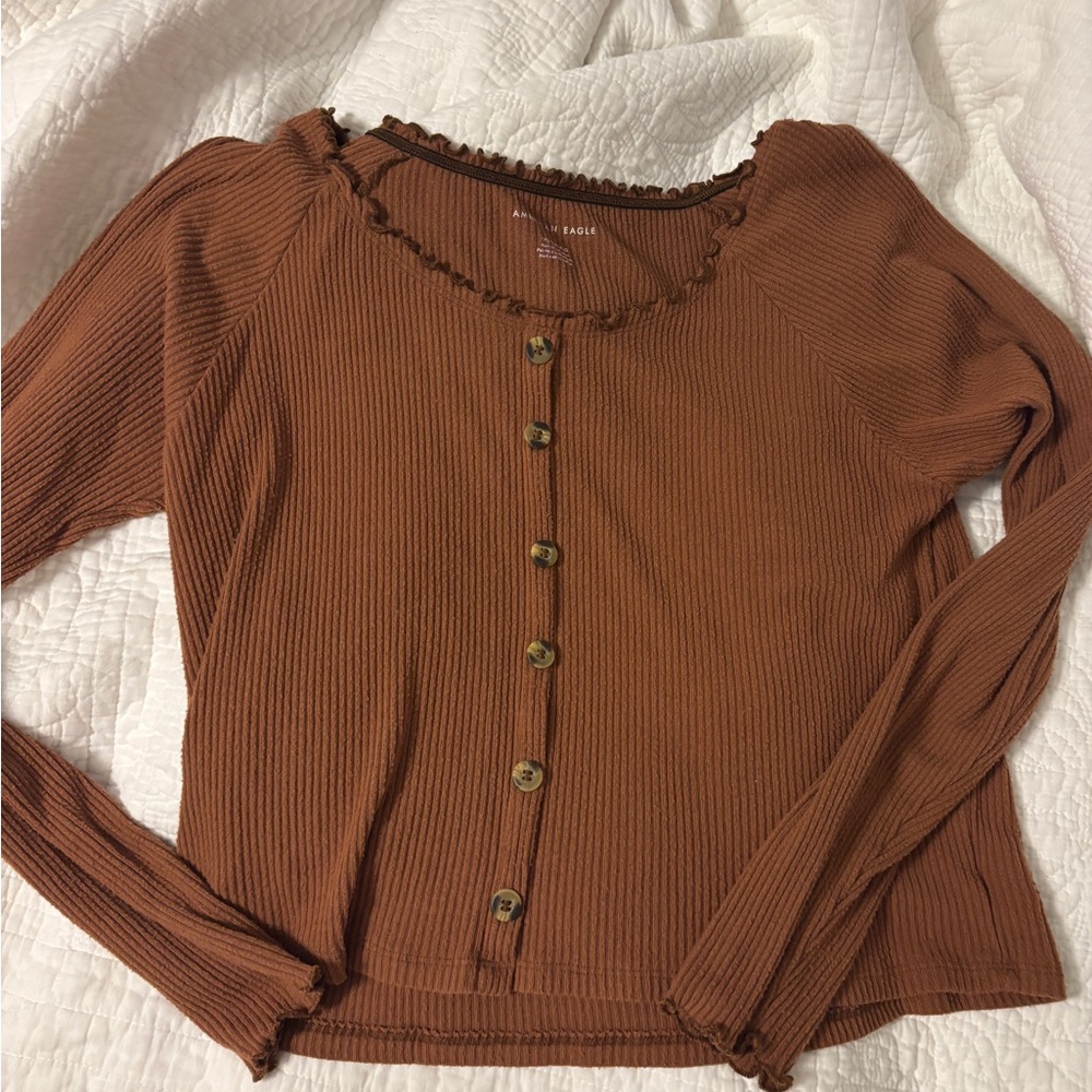 American Eagle Outfitters Rust Button-Down Ribbed Top